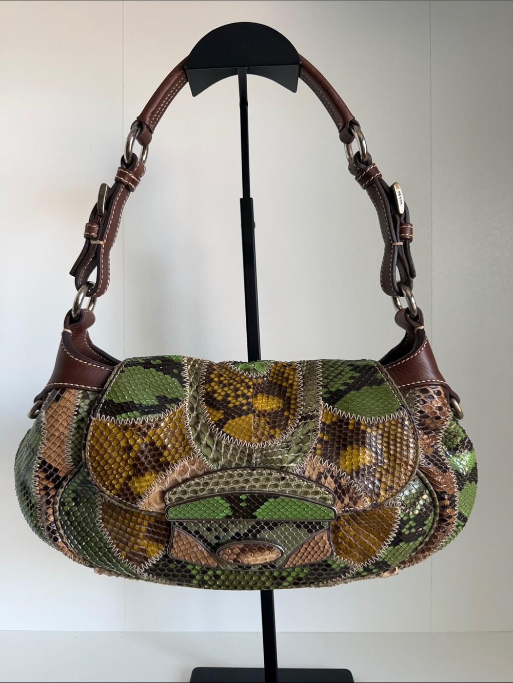 Prada Green and Brown Patchwork Python Shoulder Bag